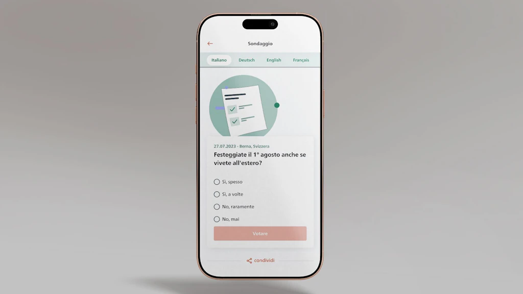 La figura mostra uno smartphone su cui è aperta la funzione di sondaggio dell’app SwissInTouch.